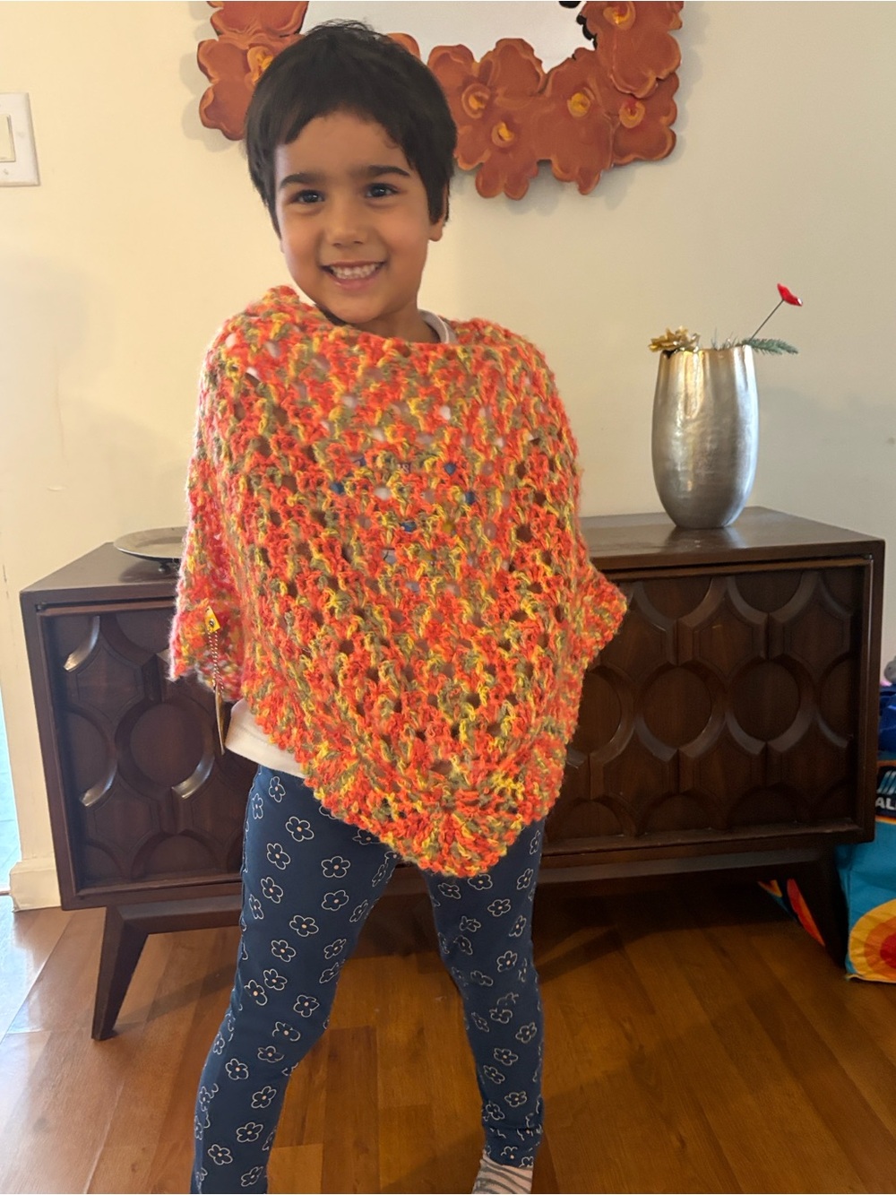 Hand-Knit Multicolor Orange & Yellow Girl Sweater Poncho